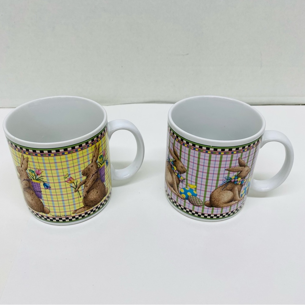Sakura Debbie Mumm Set of two Mugs Easter Spring Bunny Rabbits Stoneware 1998
